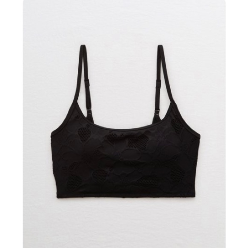 AERIE JACQUARD LONGLINE SCOOP BIKINI TOP, Medium, BLACK